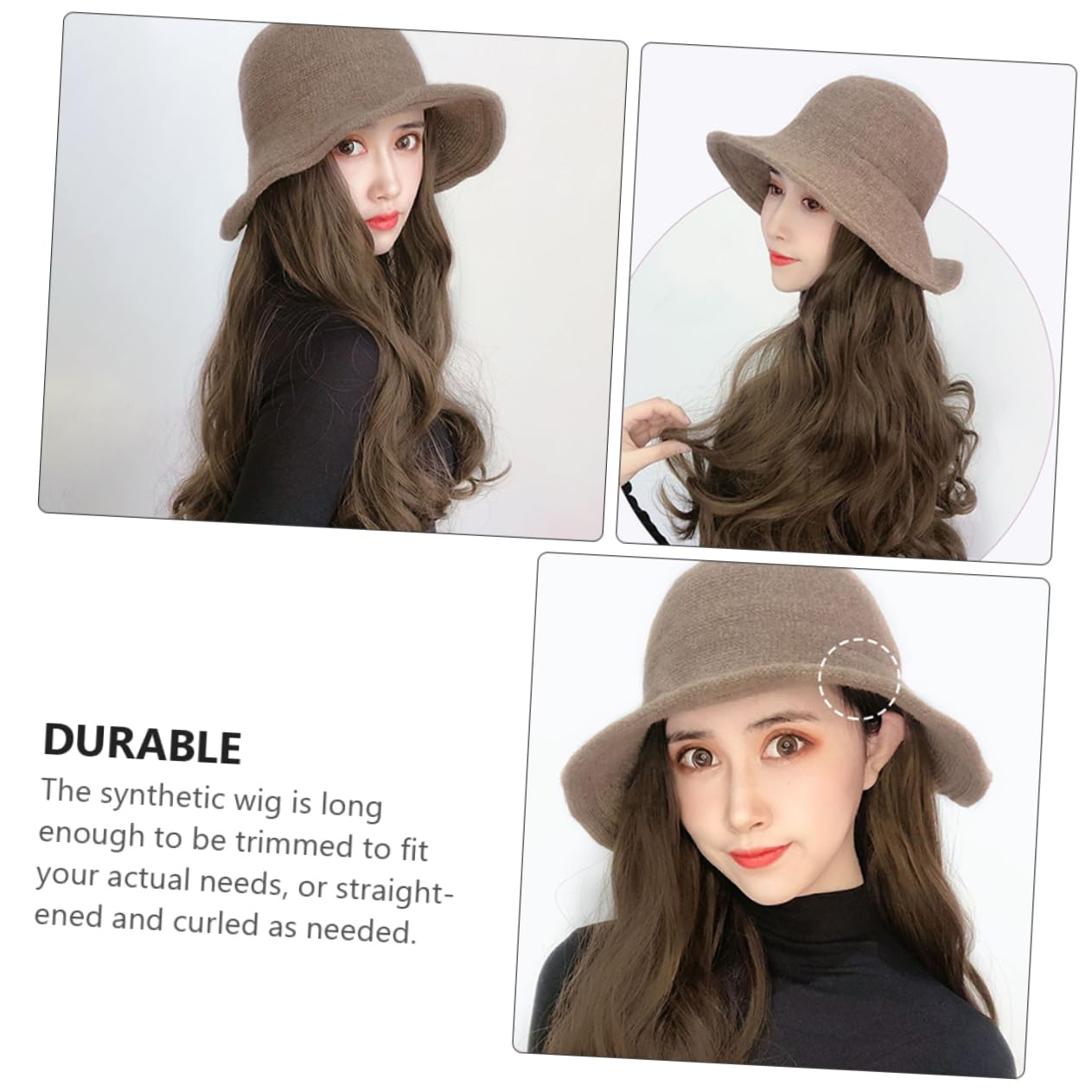 Sombrero de Peluca para Mujer Khaki, Tejido, Cabello Largo Ondulado
