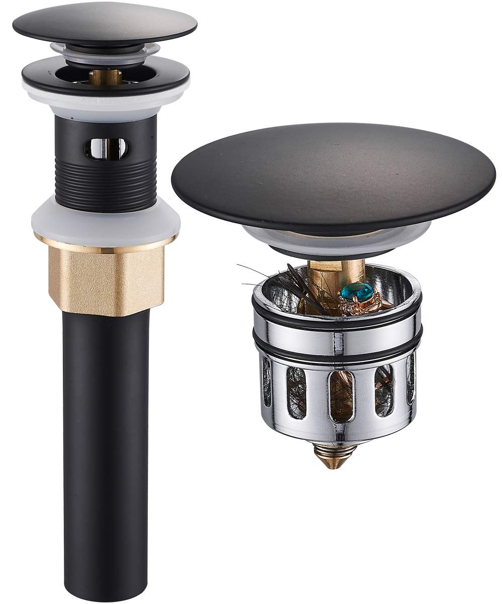 Vessel Sink Drain, Bathroom Faucet Vessel Sink Pop Up Drain Stopper, Built-In Anti-Clogging Strainer, with Overflow Matt Black, Fits Standard American Drain Hole(1-1/2" to 1-3/4") RWF083P
