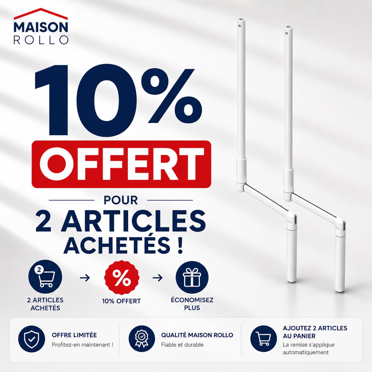Manivela de persiana enrollable 100 cm – Manivela completa de acero lacado blanco Ø12 mm con mango ergonómico y soporte de pared – Maison Rollo