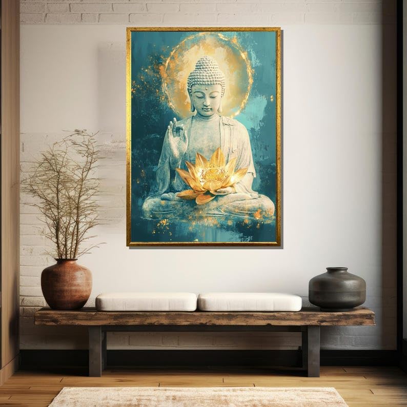 Œuvre sereine Bouddha et lotus doré pour retrouver la paix intérieure