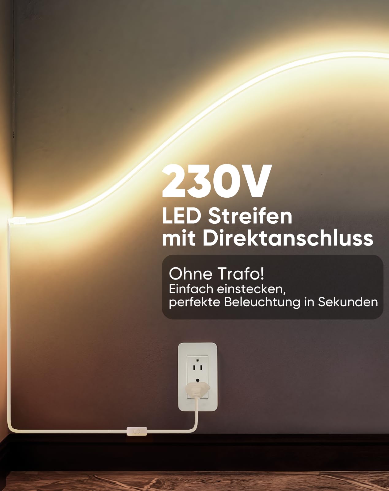 230V COB LED Streifen Aussen, 240 LEDs IP67 Wasserdicht Selbstklebend, Bande LED 900LM Ohne Trafo Flexible Kürzbar für Zimmer und Außen Dekoration Beleuchtung, 4000K Neutralweiß, 5m