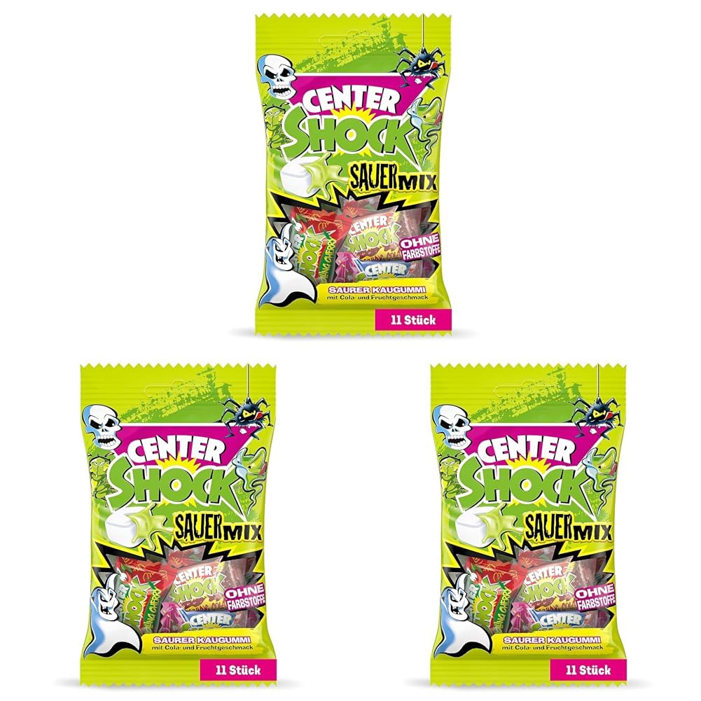 Center Shock Sour Mix, 1 Packung mit 11 extra-sauren Kaugummis, Mit Füllung + ohne Farbstoffe, perfekt für Halloween (Packung mit 3)