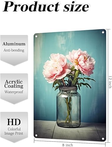 Miniatura 4 de TopPacific Tarro con ramo floral de peonía, letrero de metal de hojalata con flores de primavera, decoración divertida para el hogar, cocina, bar,