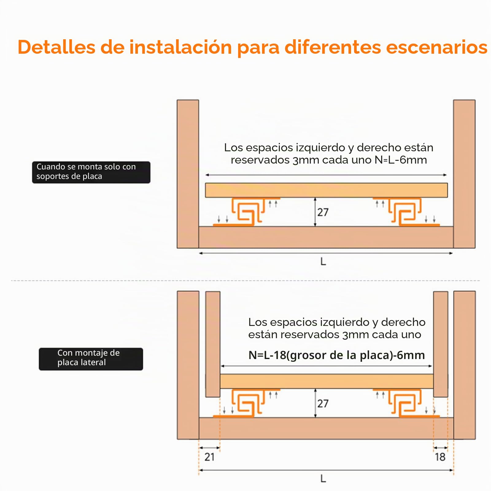 Guías de cajón de montaje inferior, guías de cajón de extracción total con capacidad de carga de 40 kg y amortiguación (55 cm (22 pulgadas))
