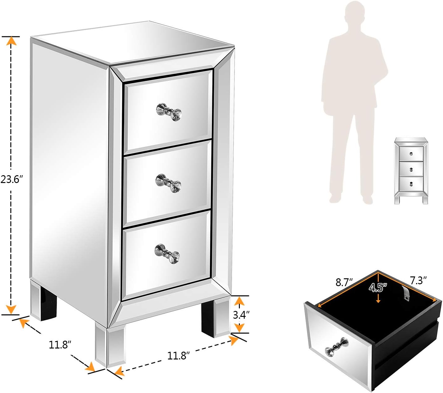 Bonnlo mirrored nightstand side view mirrored nightstand