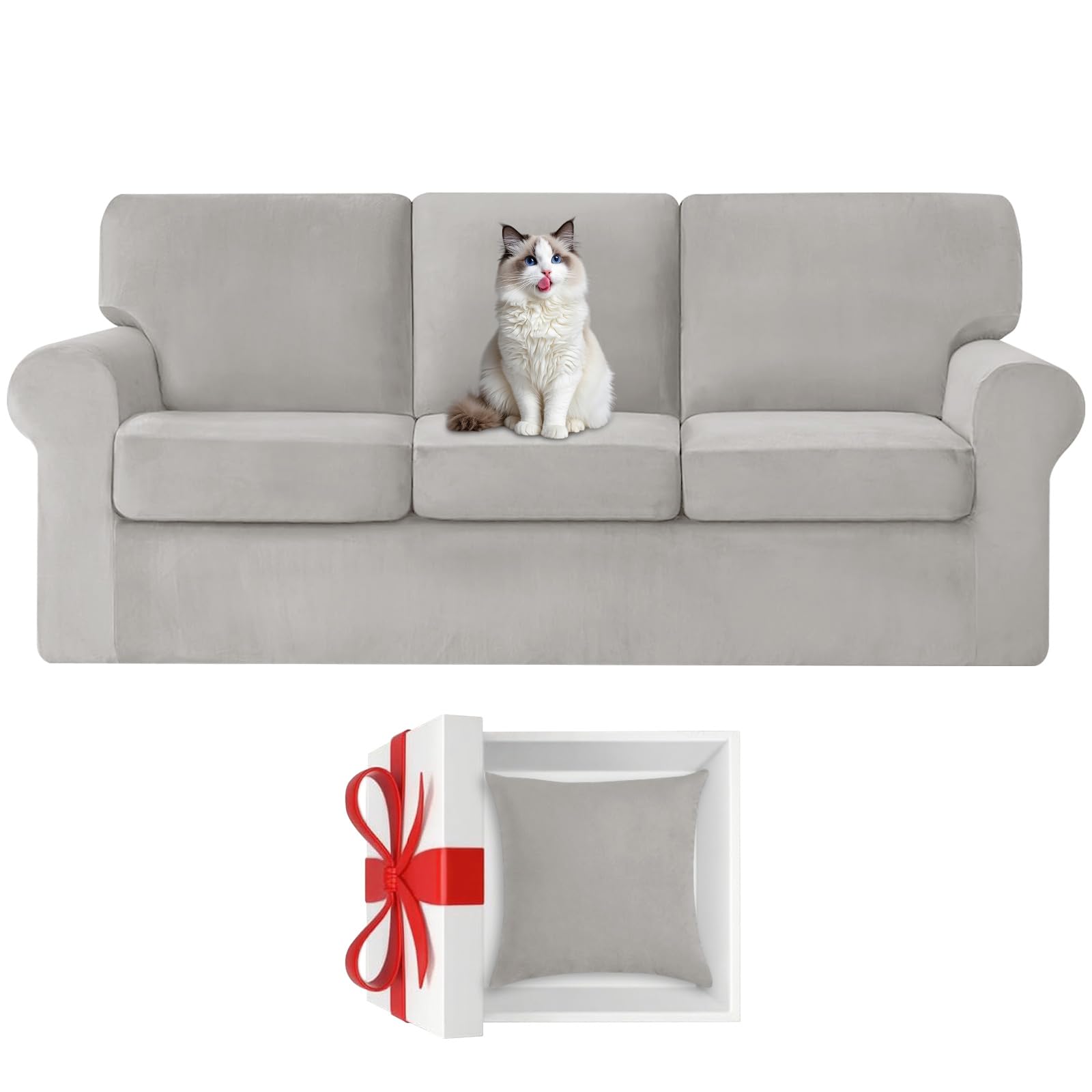Housse de canapé 4 places Ektorp extensible gris clair en velours avec couvre coussins