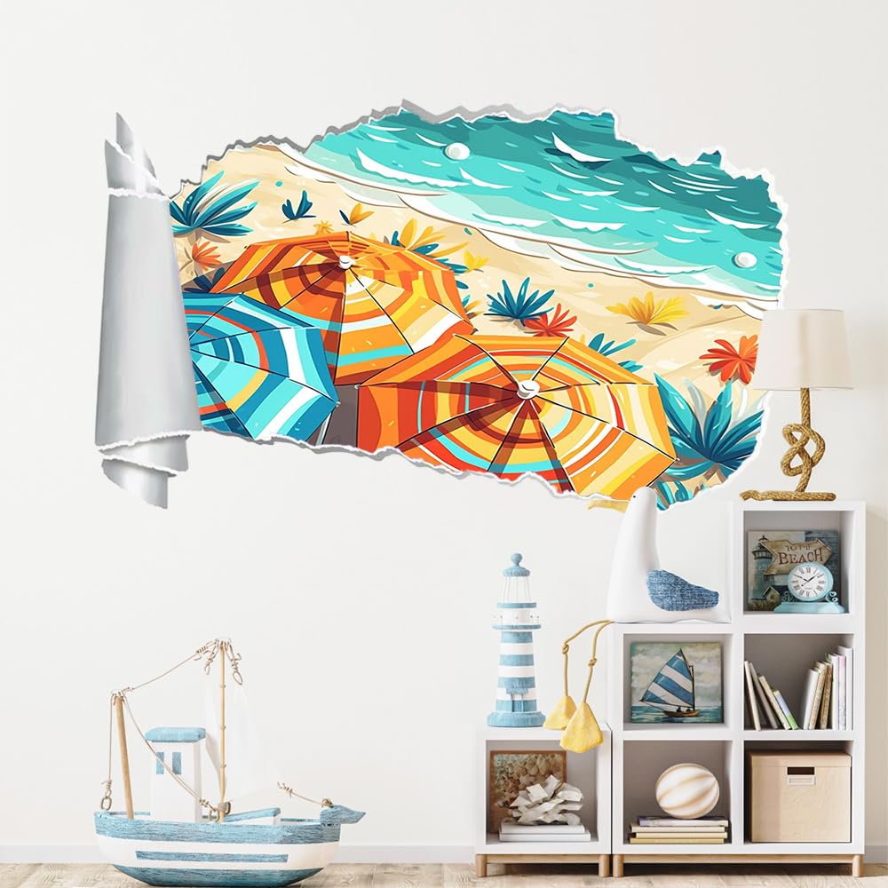 3D Wandtattoo I Wandbild Strand Wandaufkleber I Wandsticker Durchbruch Landschaft Poster Fensterblick I Wand Deko Aufkleber für Wohnzimmer Schlafzimmer Türaufkleber