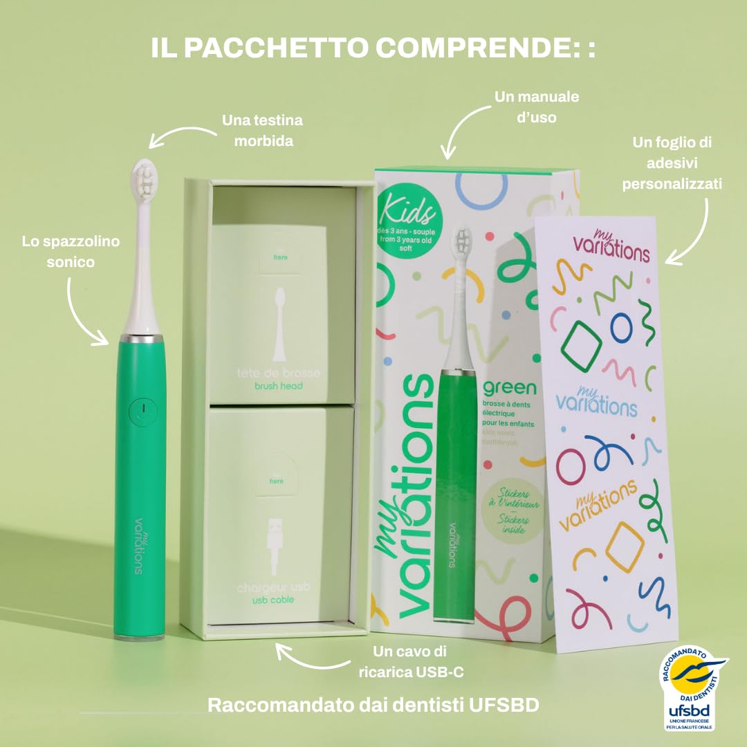 My Variations ® - Spazzolino da denti elettrico per bambini - Tecnologia sonica - 1 mese di autonomia - Ricaricabile - Consigliato dai dentisti - 2 modalità - Timer 2 min integrato - 3-12 anni - Verde