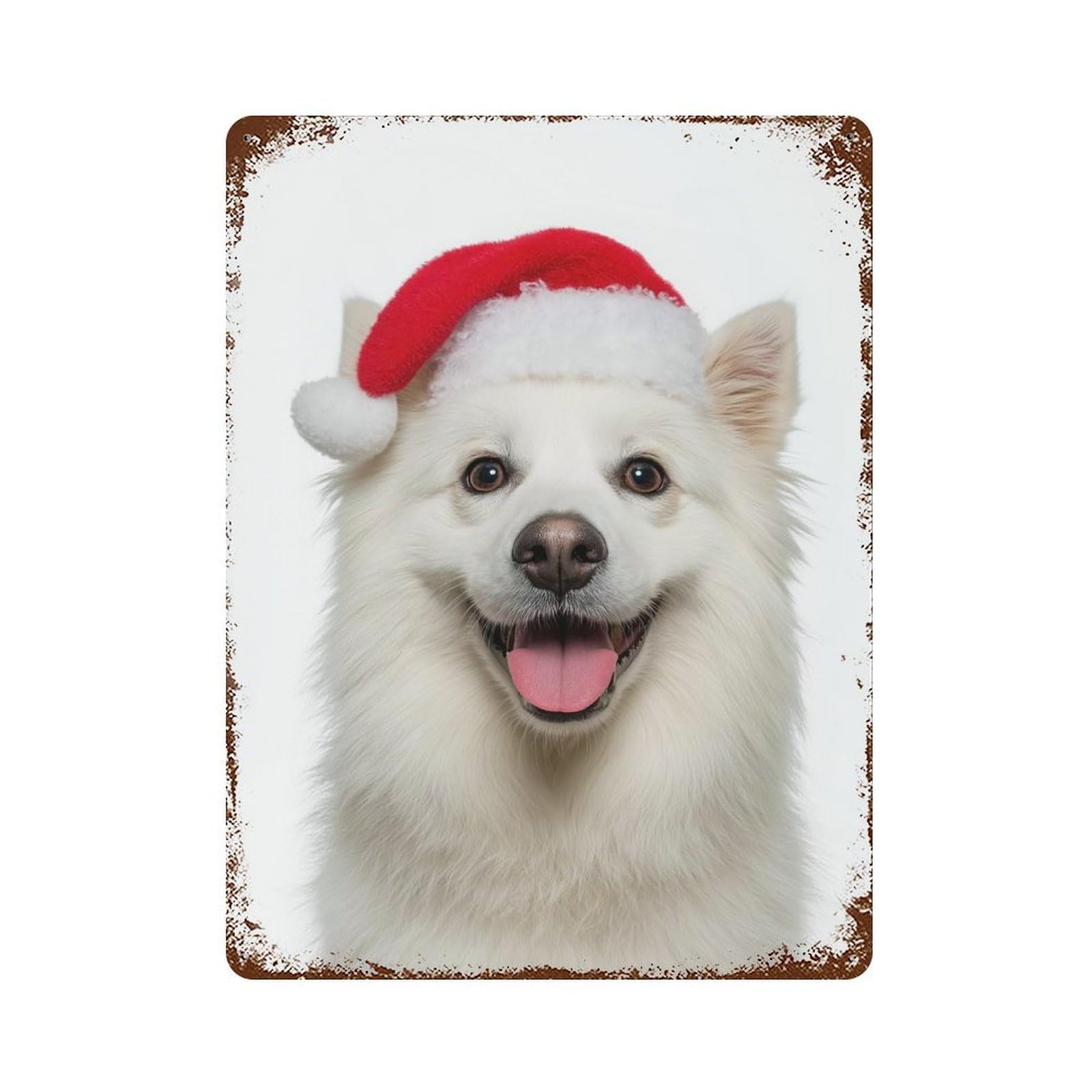 American Eskimo Dog with Santa Hat Portrait Vintage Wall Sign 15.7"x11.8", Rust Effect Metal Decor for Farmhouse, Kitchen And Entryway Decor