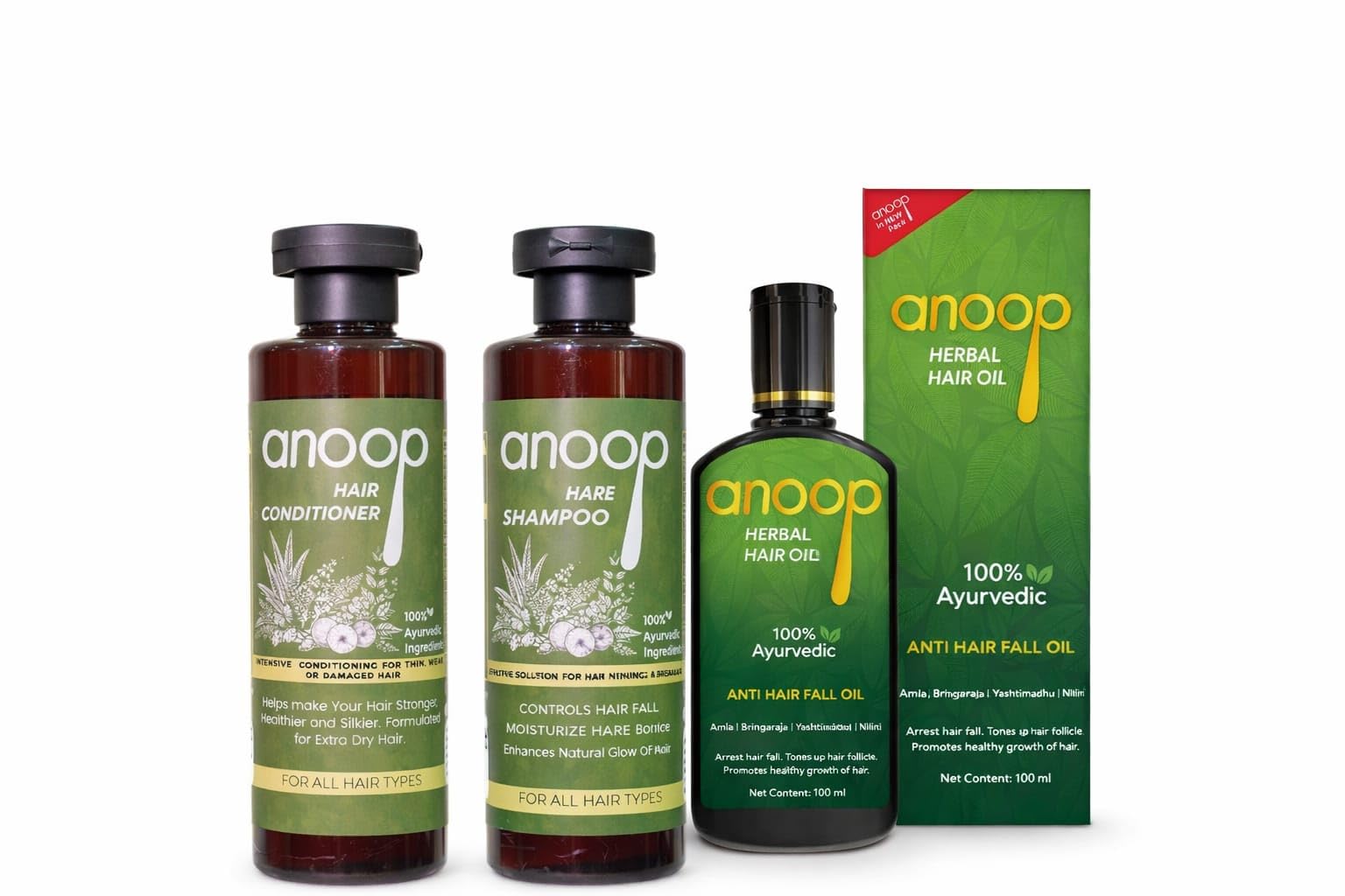 ANOOP HAIR OIL + HAIR CARE SHAMPOO + HAIR CONDITIONER COMBO | AYURVEDIC HAIR CARE KIT FOR STRONG, SHINY & HEALTHY HAIR