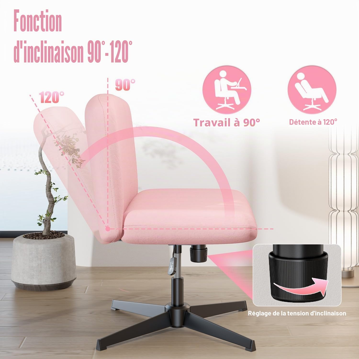 Chaise de bureau ergonomique sans accoudoirs sans roulettes – Large flanelle douce, pivotante à 360° et hauteur réglable, design moderne pour la maison (rose)