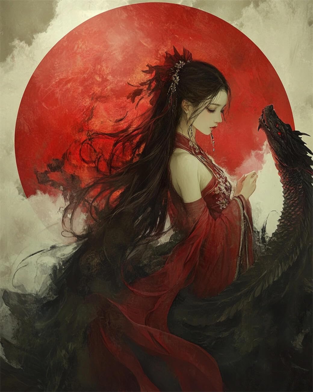 AMBATTERY DIY Cross Stitch Kit with Beads Anime Women and Dragons Bead Embroidery Kit for Adults Needlepoint Tapestry Set Beaded Stitching 50x60cm