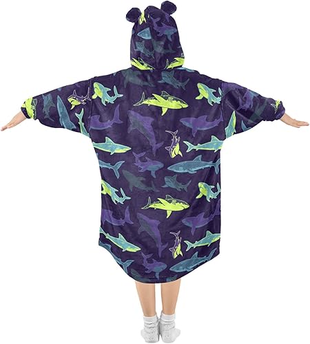 Miniatura 2 de Mantas de tiburón para niños, manta de franela de gran tamaño con capucha para niños, manta cálida con capucha para niños y niñas con bolsillos