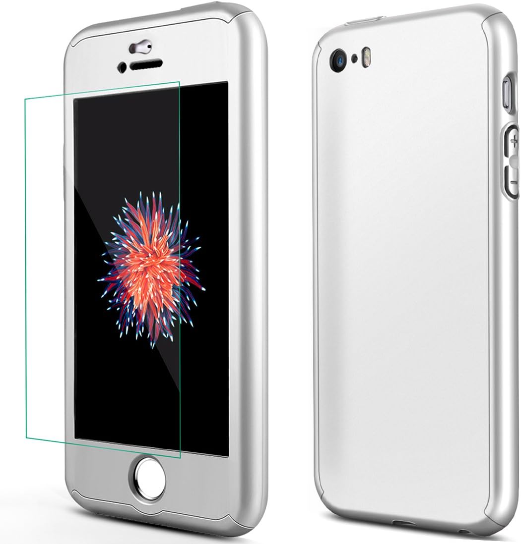 iPhone 5S Case, iPhone 5 Case, iPhone SE Case, FIRMGE Matte Skin Dust-Proof Anti-Scratch Full Body Protection Ultra Thin Hard Case with Tempered Glass Screen Protector for iPhone 5S/5/SE -Silver