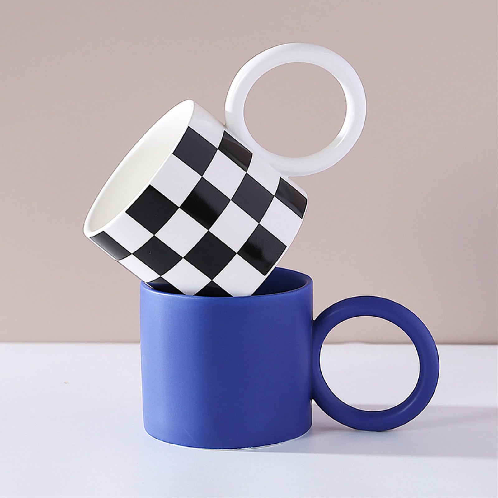 Taza de desayuno de avena simple de 350 ml, taza de cerámica de oreja grande, azul, 401-500 ml