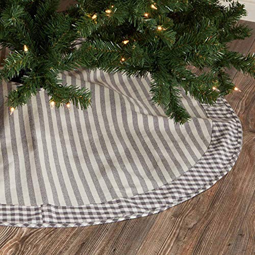 Piper Classics Gray Gables Ticking Stripe Tree Skirt W/Gingham Check Border, 48" Diameter, Vintage Farmhouse Christmas, Simple Country Or Cottage Holiday Décor, Gray And Off White #TOP5