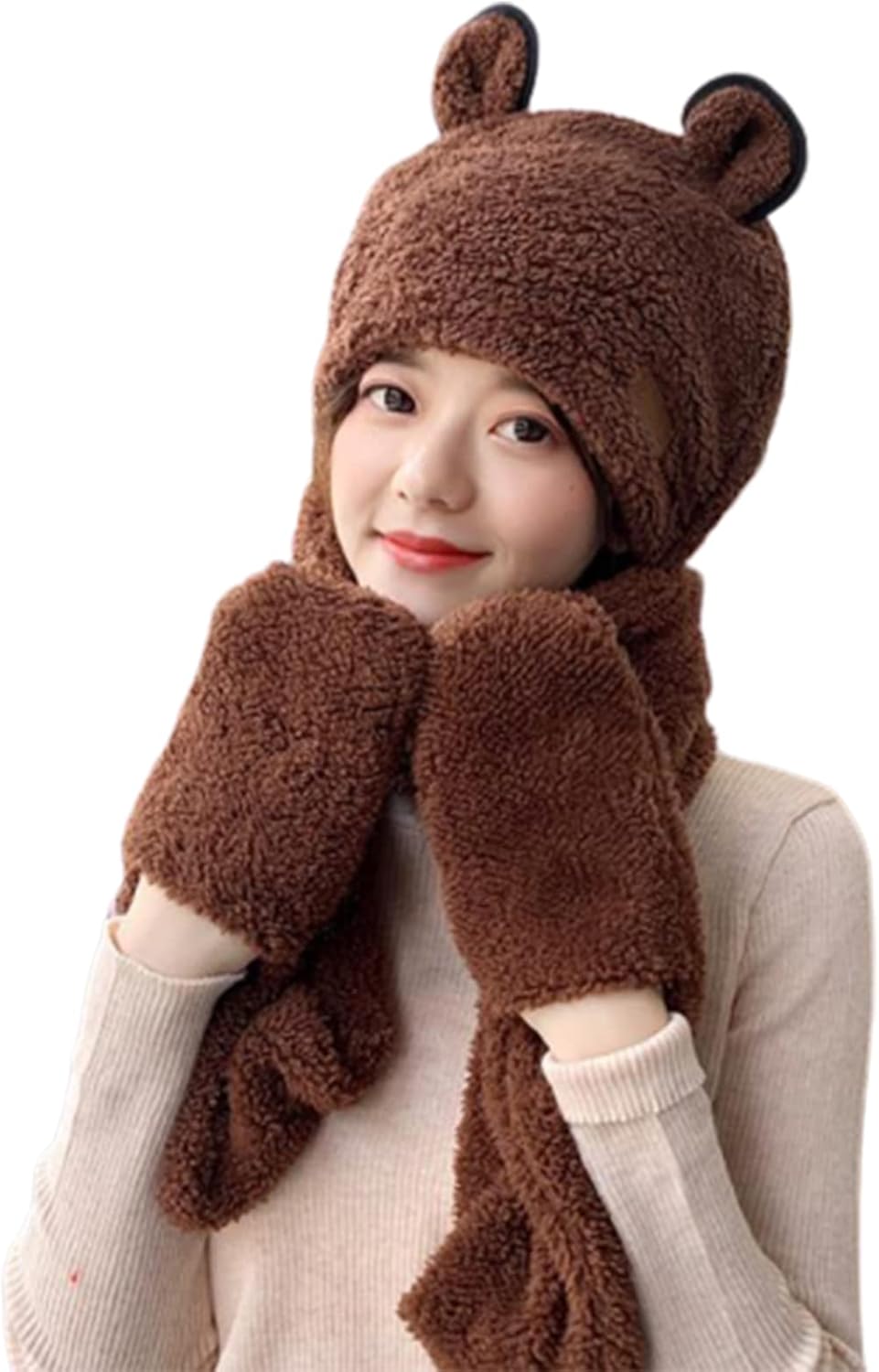 Scarf,2-10Y,10+Y Earflap Cap Parent-child Hat Warmer Plush Scarf With Pocket Bear Ear Winter Hat Scarf Gloves Set Scarf(Coffee,Small)