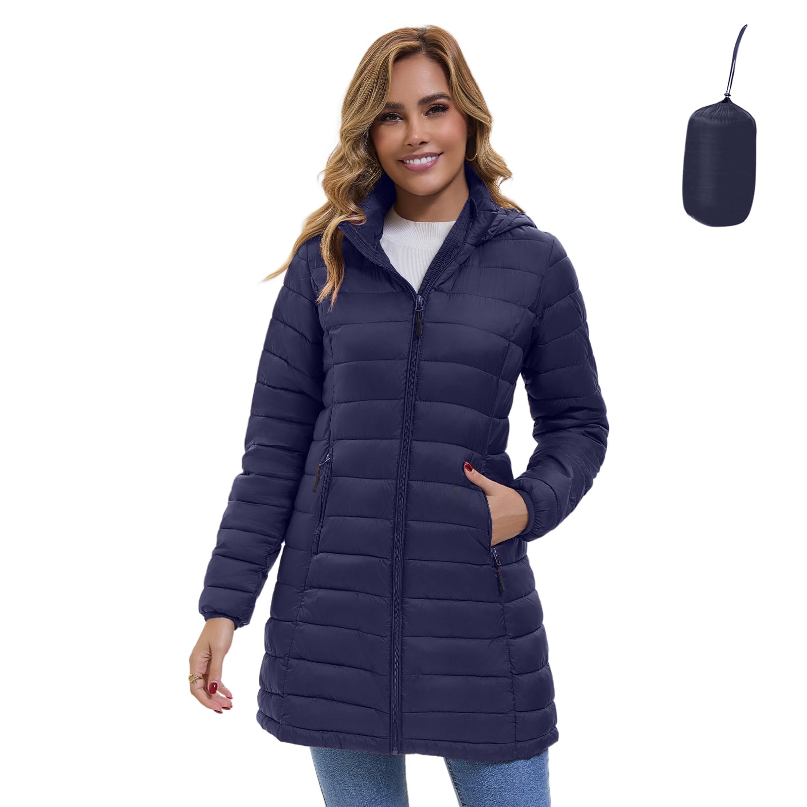 POEMDORA Women Packable Puffer Jacket, Lightweight Winter Puffer Coat with Detachable Hood (Navy Blue,S)