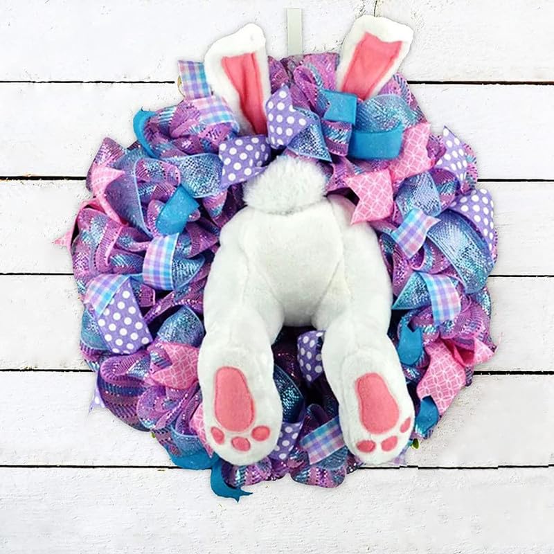 Easter Wreath for Front Door, Easter Carrot Bunny Wreaths,Artificial Easter Wreaths with Green Leaf Bow Cute Easter Rabbit Garland Door Outdoor Decor (E)