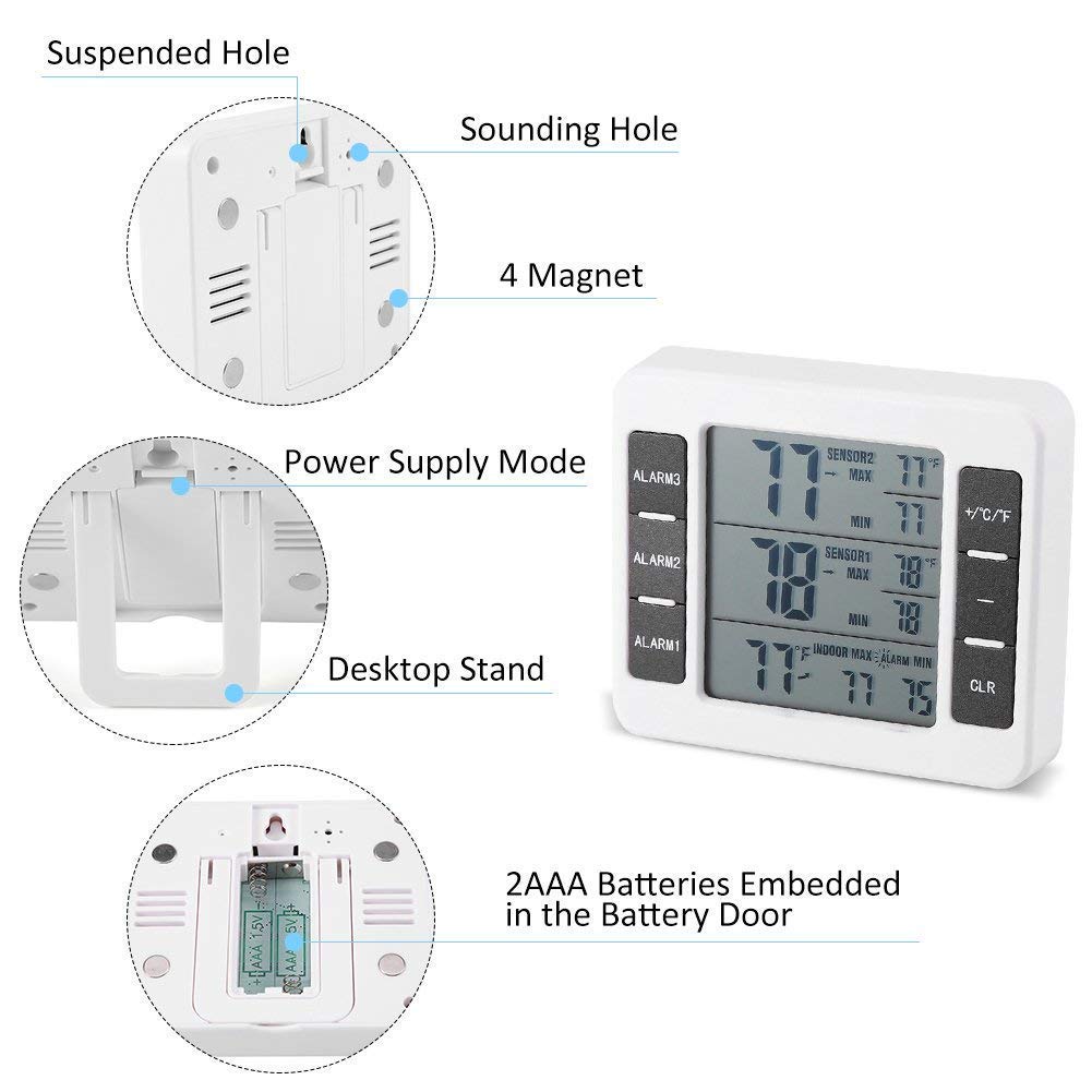 Thermomètre Réfrigérateur Numérique, Thermomètre Réfrigérateur Sans Fil avec 2 Capteurs Alarme Sonore Affichage Min/Max écran, pour Maison, Restaurants, etc.