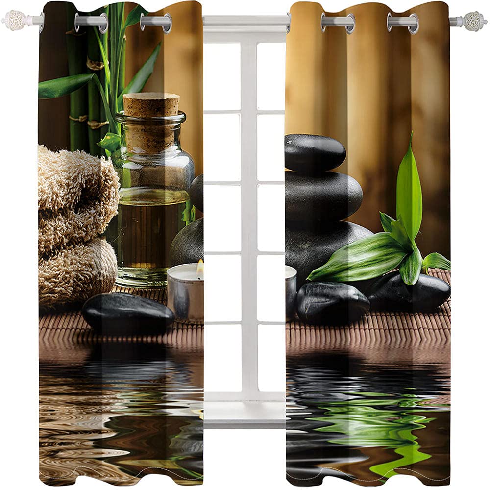 Rideau Occultant 2 Pièces 220 x 210cm avec Œillets Double - Anthracite Opaque - Motif 3D Plante de Bambou Vert Zen - pour Salon et Chambre