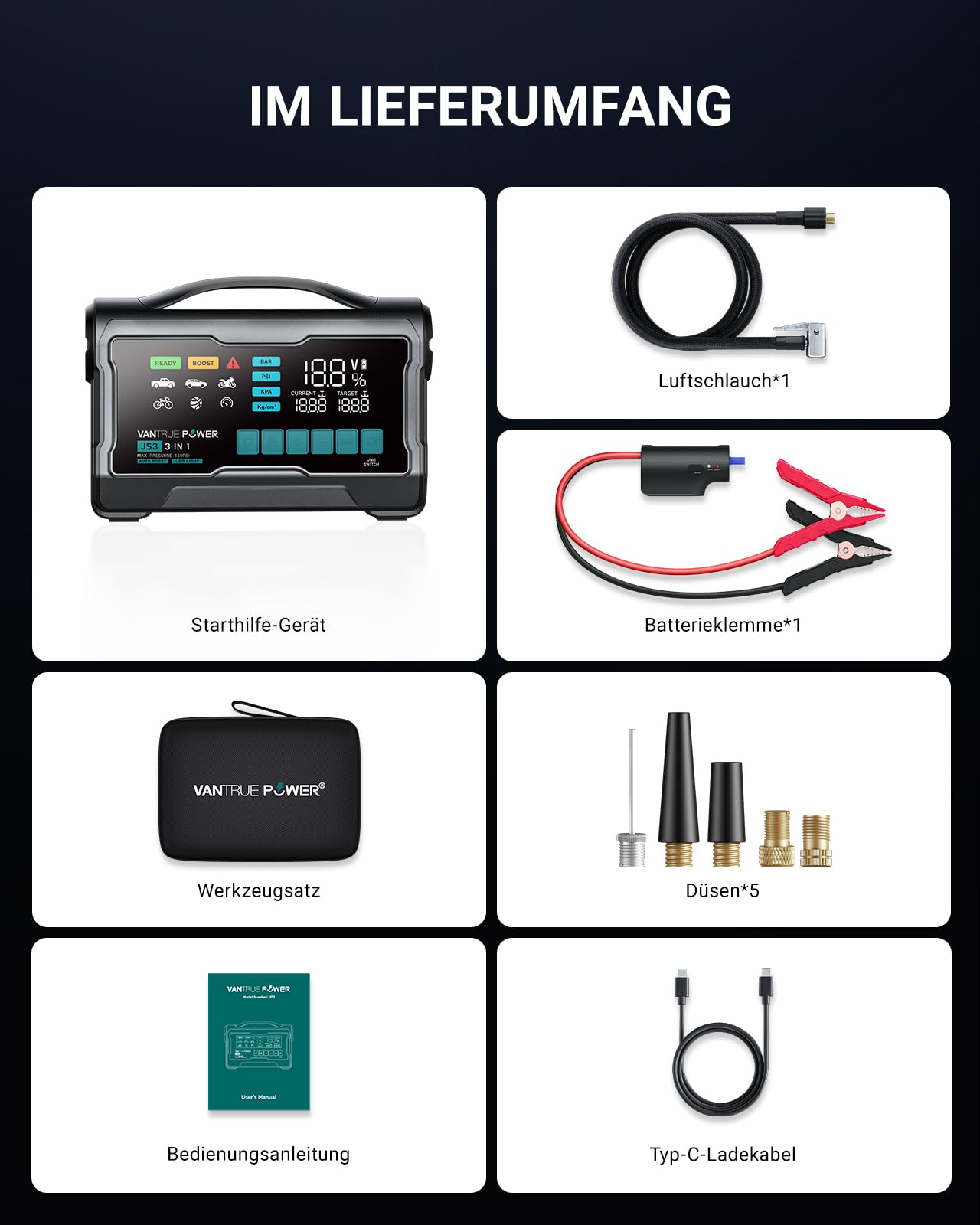 JS3 3250A Starthilfe Powerbank für PKW mit 160PSI Kompressor 12V Auto Batterie Booster, 65W Schnelllade, für 10L Gas / 8L Diesel Einsatz in verschiedenen Notfallsituationen