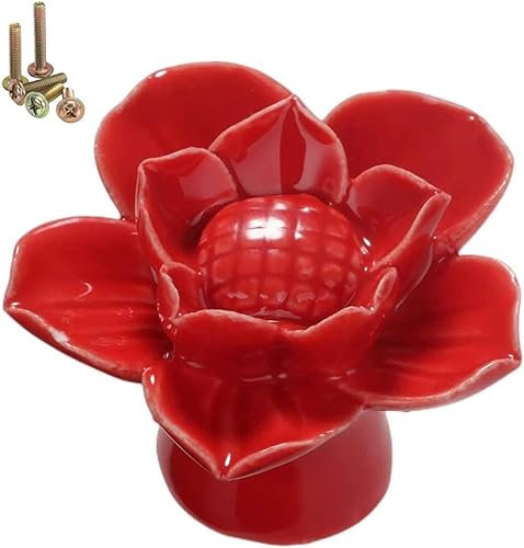 Paquete de 10 pomos de cerámica roja para puerta de gabinete con flores de loto y flores, pomos de cerámica para cajones con tornillos de montaje, disponible en Yaxa El Salvador