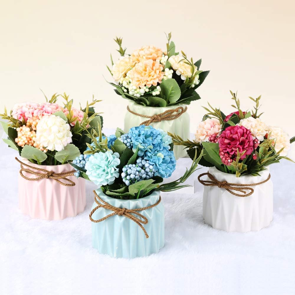 Artificial Hydrangea Bouquet with Small Ceramic Vase Fake Silk Variety Flower Balls Flowers Decoration for Table Home Party Office Wedding (Green) - Image 5