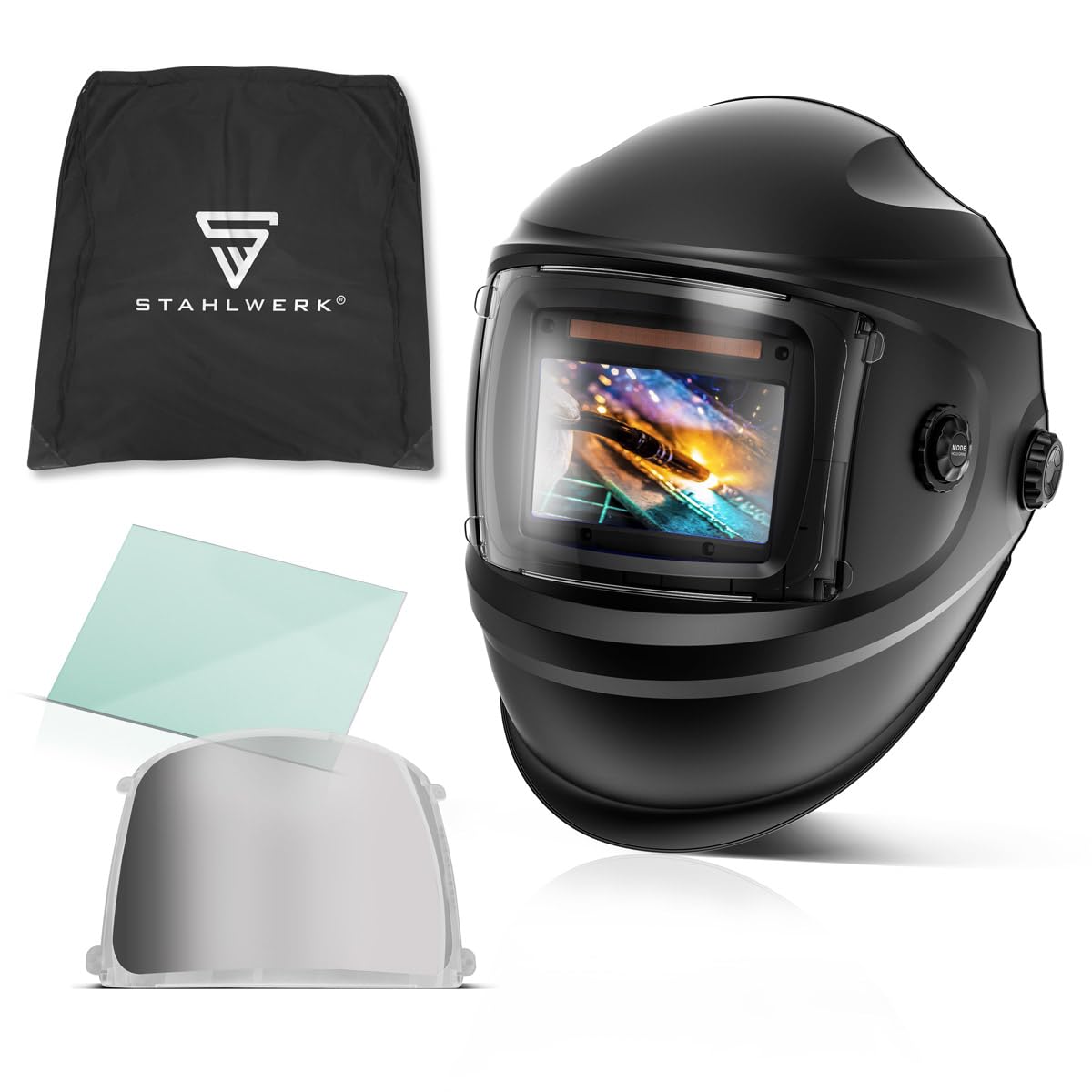 STAHLWERK Automatik-Schweißhelm 3-in-1 Bullet – Schweißerhelm mit True-Colour, automatische Abdunkelung DIN 4-13, optische Klasse 1/1/1/2, optimales Sichtfeld 100 x 60mm, Schweißschild, Schweißmaske