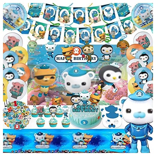 117 Pcs Octonauts Party Supplies, Birthday Decorations Include Birthday Banner, Cake and cupcake Toppers, Balloons, Hanging Swirls, tablecloths, Backdrop, Foil Balloons, Stickers and Masks for Kids