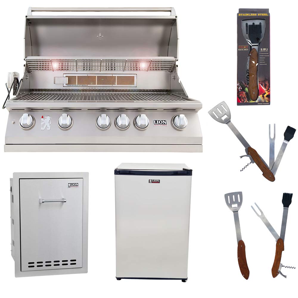 40-Inch Liquid Propane Grill L90000 with Lion Multi-Functional Drawer and Lion Refrigerator Package Deal with 5 in 1 Tool Set by Lion Premium Grills – Stainless Steel, Model bbq