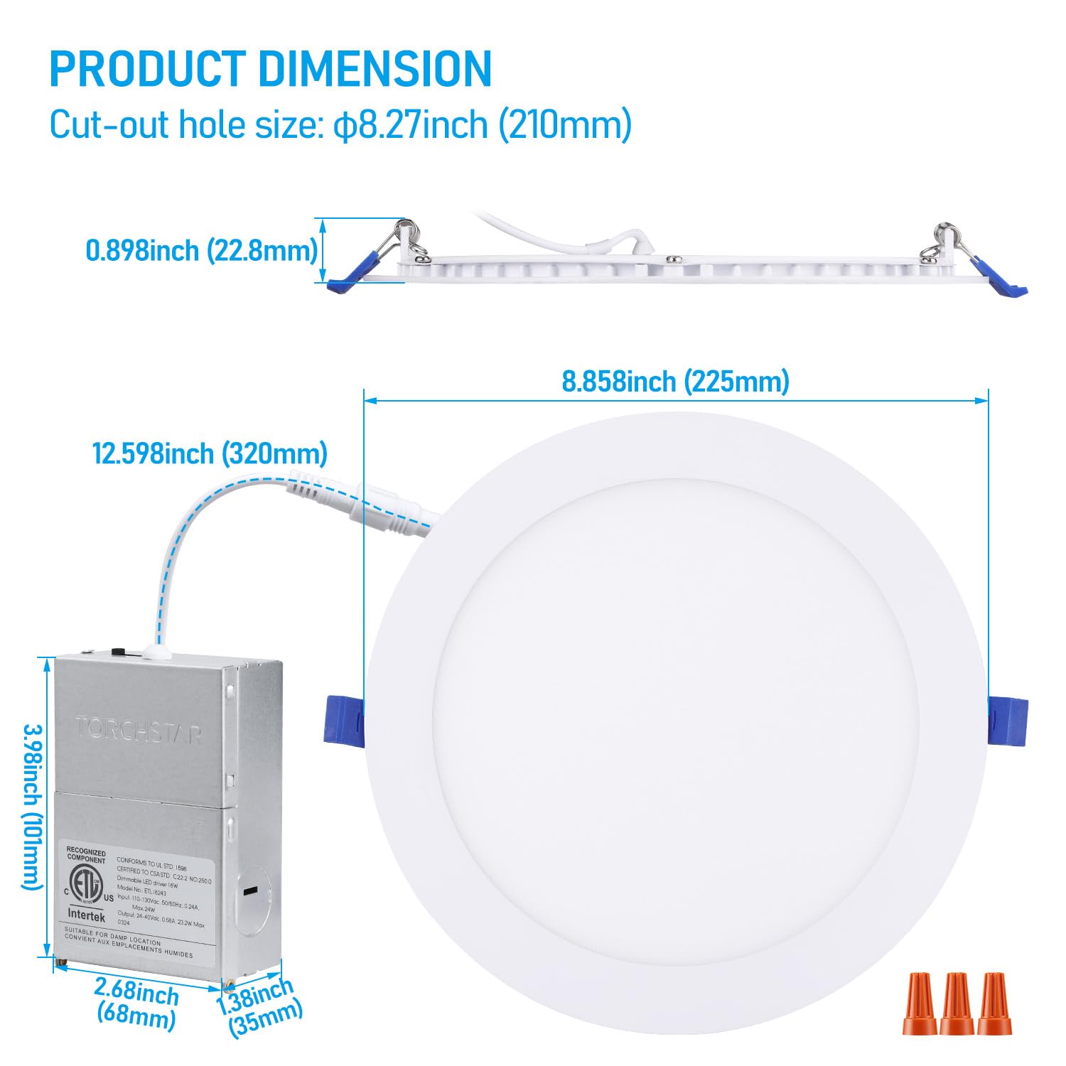 TORCHSTAR Seria Basic 12-pak 5CCT 8-calowe ultracienkie oświetlenie LED do zabudowy z J Box, CRI90, aluminium, 2700K3000K3500K4000K5000K, 5%-100% ściemniana wąska oprawa wpuszczana, 18W 1450LM, ETL i