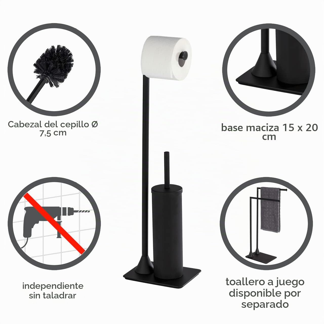 WENKO Juego de pie para el WC Hella - Escobillero para el inodoro con soporte para rollos de papel, Acero, 15 x 69 x 20 cm, Negro