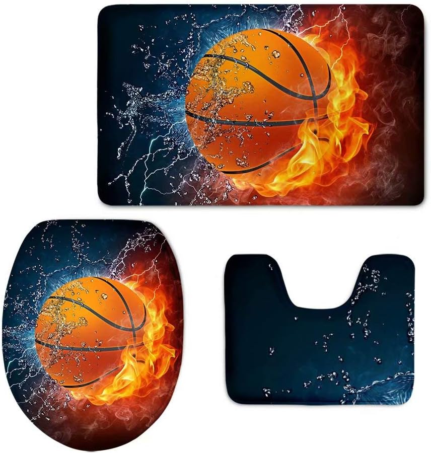 FOR U DESIGNS Juego de 3 alfombras de baño con estampado de baloncesto de fuego, alfombra absorbente con pedestal + cubierta de tapa de inodoro +