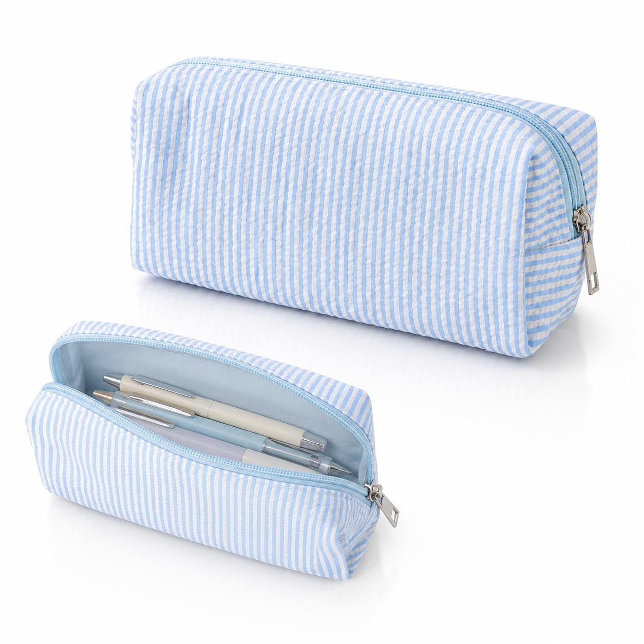 Xheanxu Blue Striped Seersucker Pencil Case, Large Capacity Pen Pouch, Polyester Fabric Small Pencil Case Portable Pencilcase Cute Makeup Bag for Women Stationery Pen Case for Girls Boys Teacher