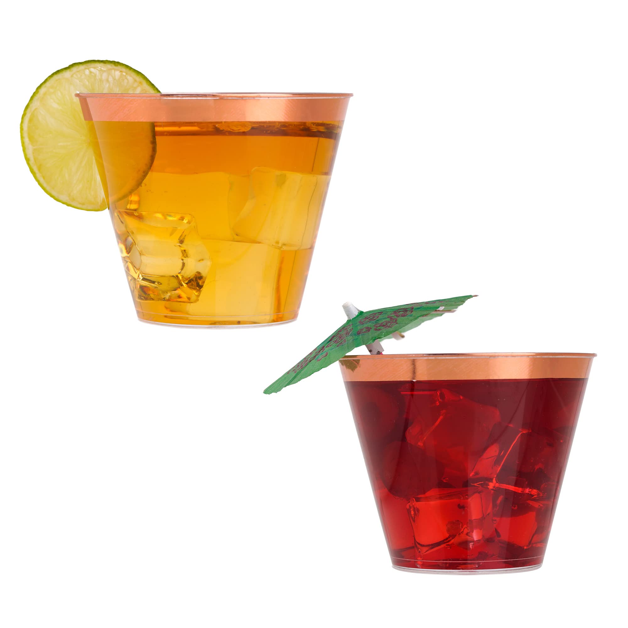 STACKABLES ~ Pack of 50 Tumblers ~ 9oz Clear Cups with Rose Gold Rim ~ Elegant & Classy Sturdy Party Tumbler for Weddings Birthdays Anniversaries & Social Events