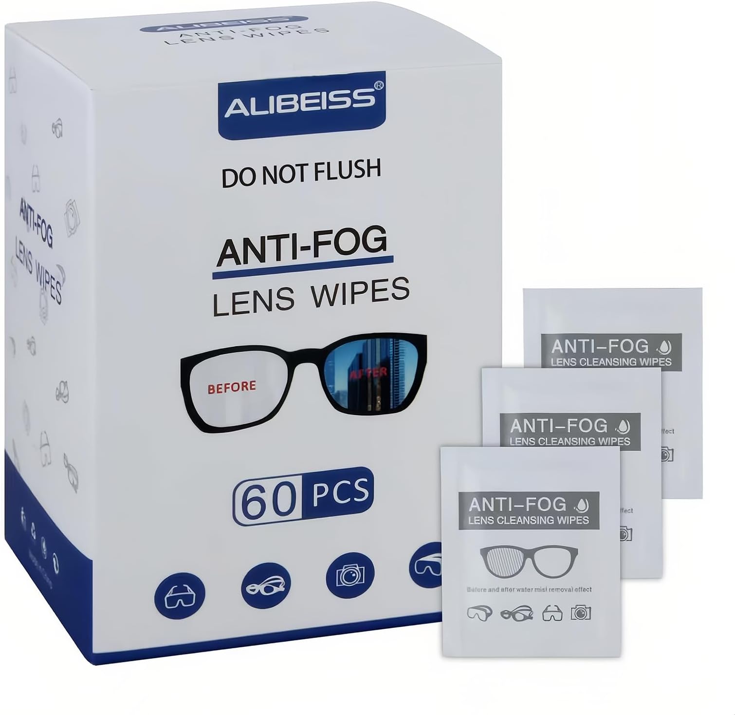 Alibeiss Anti-Fog Lens Wipes Pre-Moistened Anti-Fog Wipes,6" X 5",for Eye Glasses (60 Pack)