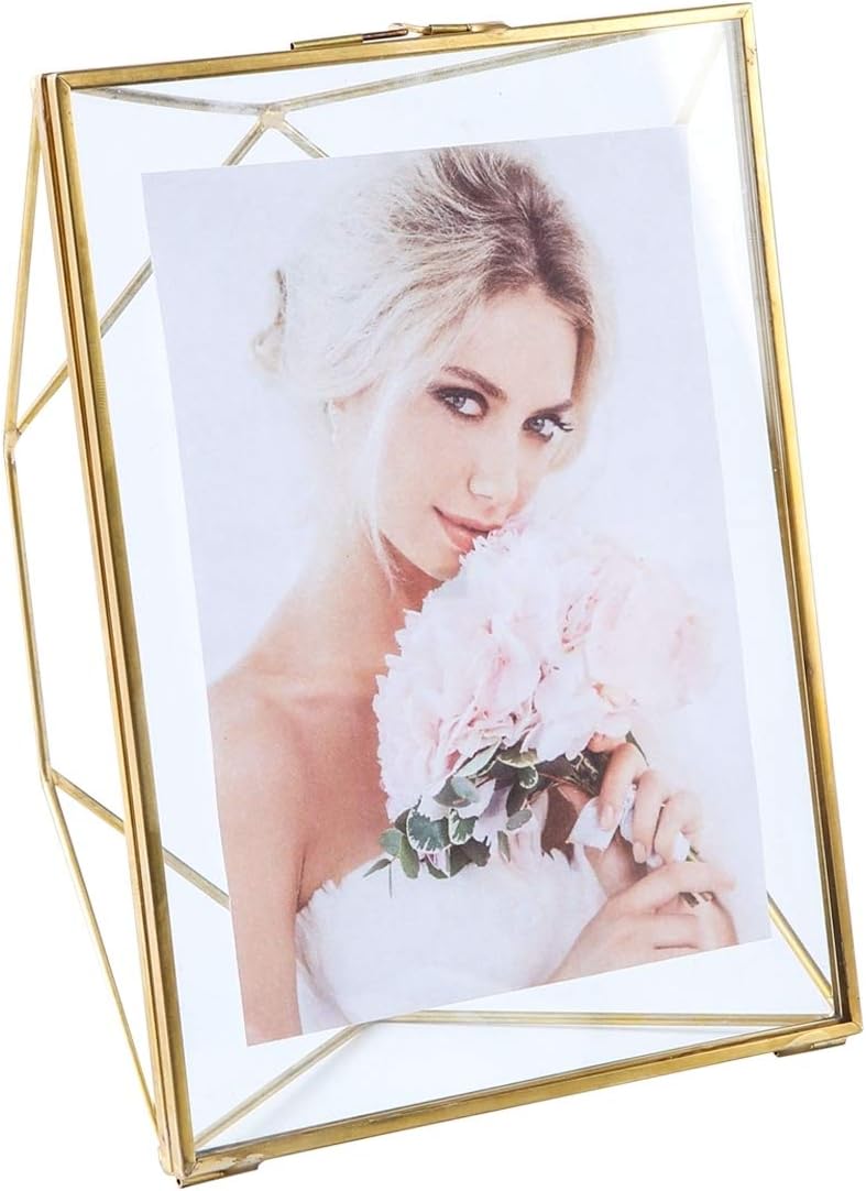 6x8 Floating Picture Frame – Family Photo Display for Desk or Wall, Geometric Home Decor Double Glass & Brass Metal (6x8”)