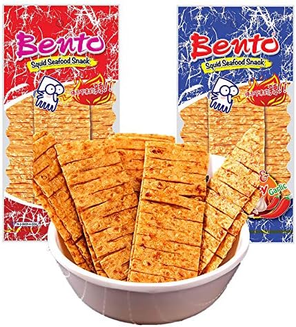 Dried Squid Seafood, (1.4oz/40g)* 2PCS, Bento Squid Seafood Snack, Garlic and Spicy Flavors, Squid Slices Thai Style Seafood Snacks, Squid slices spicy strips, Bento Squid Seafood Snack Sweet and Spicy Flavoured