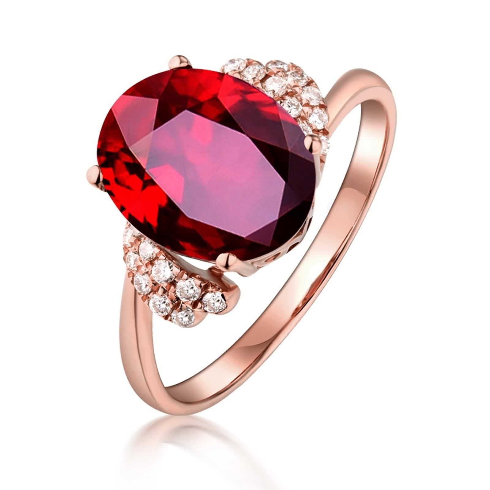 Anillo de rubí auténtico, oro 750, oro rosa de 18 quilates, anillo ovalado de rubí con diamante blanco rojo cómodo ajuste