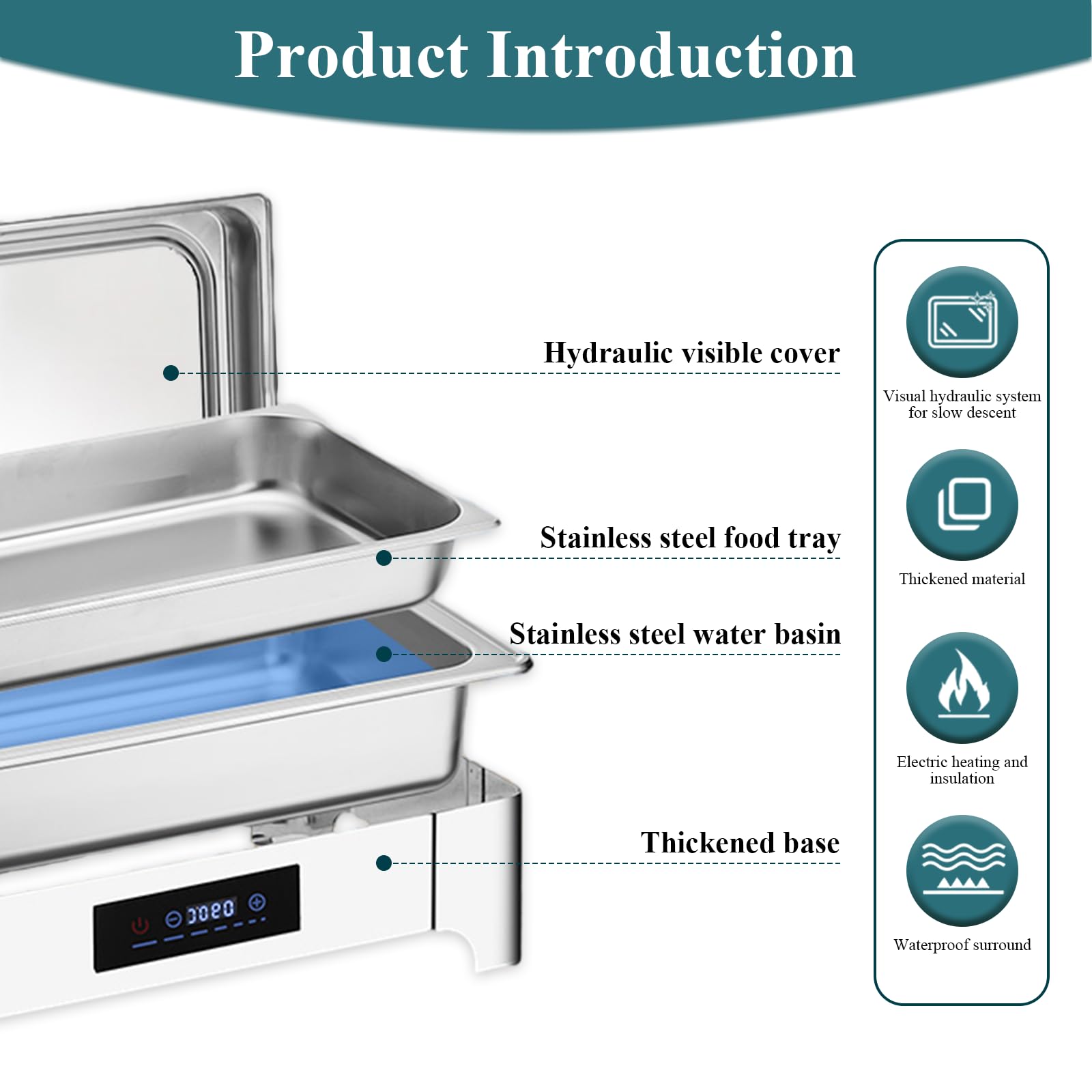 Chafing Dish Elettrico 9L Temperatura Regolabile 35-90℃(B,1/2 Pan) | 400W Scaldavivande Elettrico Professionale per Buffet in Acciaio Inox, Contenitore Scalda Cibo per Buffet, Ristoranti, Hotel