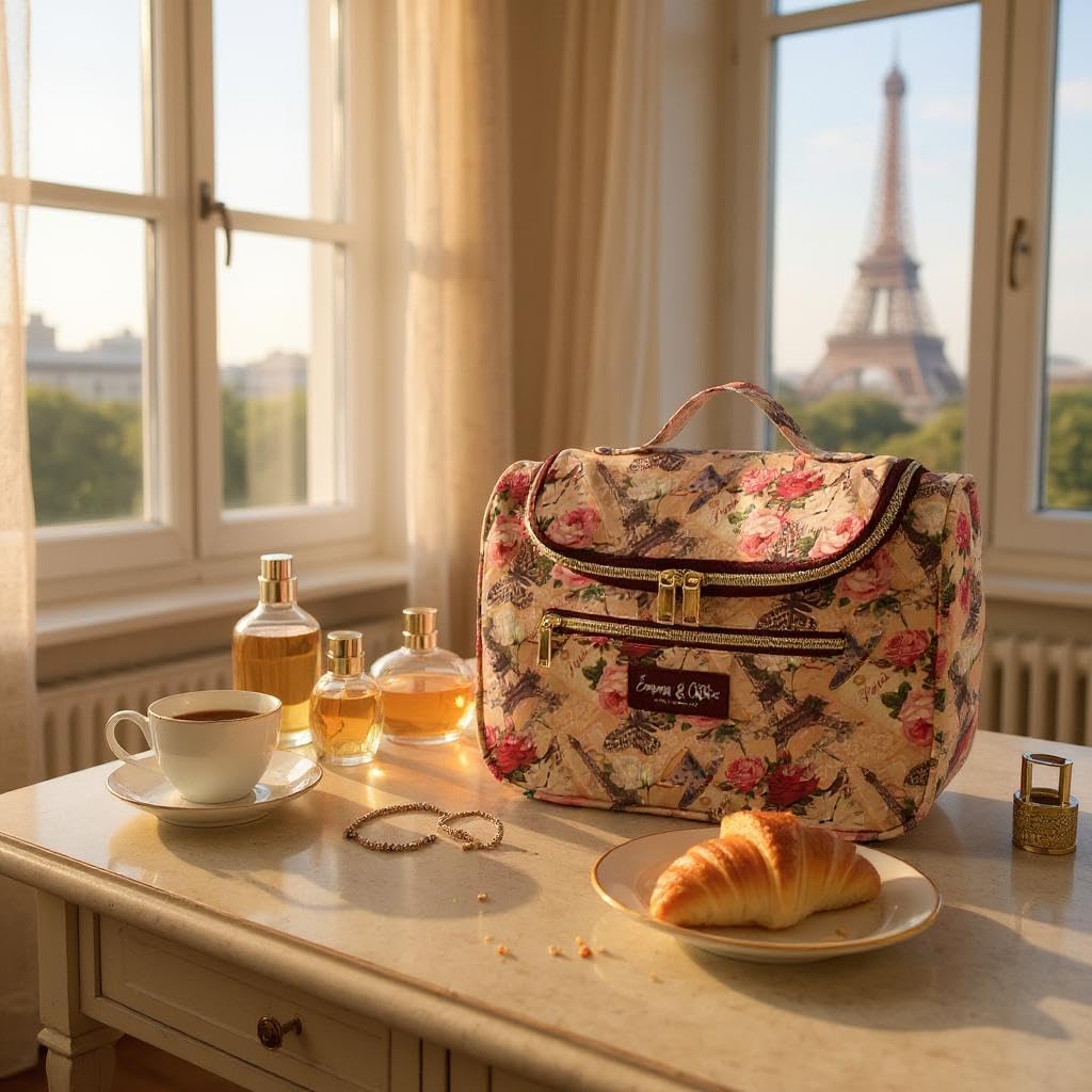 Emma & Chloe Large Cosmetic Case Makeup Organizer, Toiletry Bag for Women | 4 Section Waterproof Travel Make Up Organizing Bags (Pretty in Paris) image 4