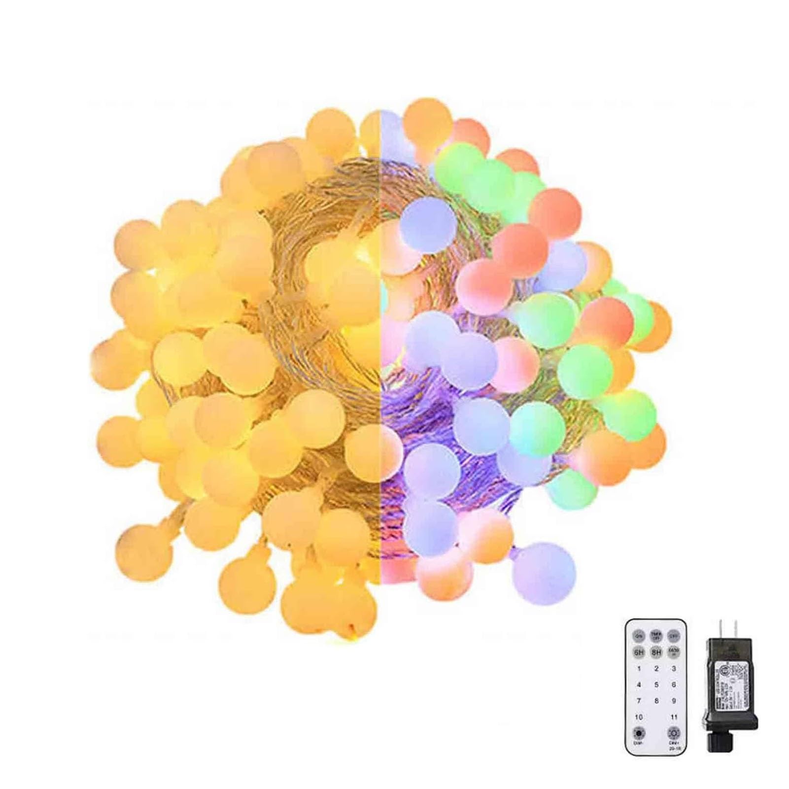 Wewnętrzne lampki świąteczne z kulkami, lampki świąteczne LED ze zmianą kolorów, ciepłe białe światło i wielokolorowe z pilotem, idealne do dekoracji choinki (5 m 50 świateł)