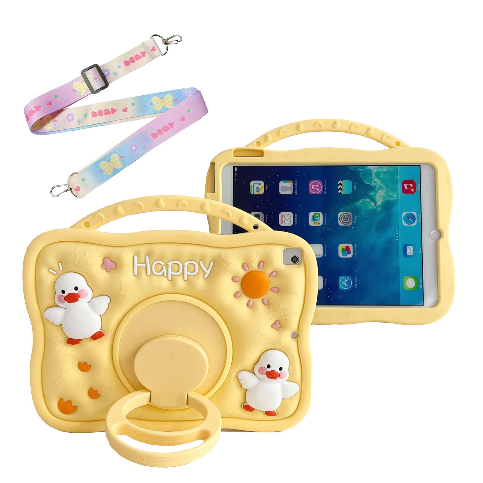 Tablet Case for Samsung Galaxy Tab A9 8.7 inch 2023(SM-X110/X115/X117) Cover with 360° Swivel Stand/Handle Grip/Shoulder Strap,Shockproof Silicone Cover 3D Kawaii Duck Case(Yellow)
