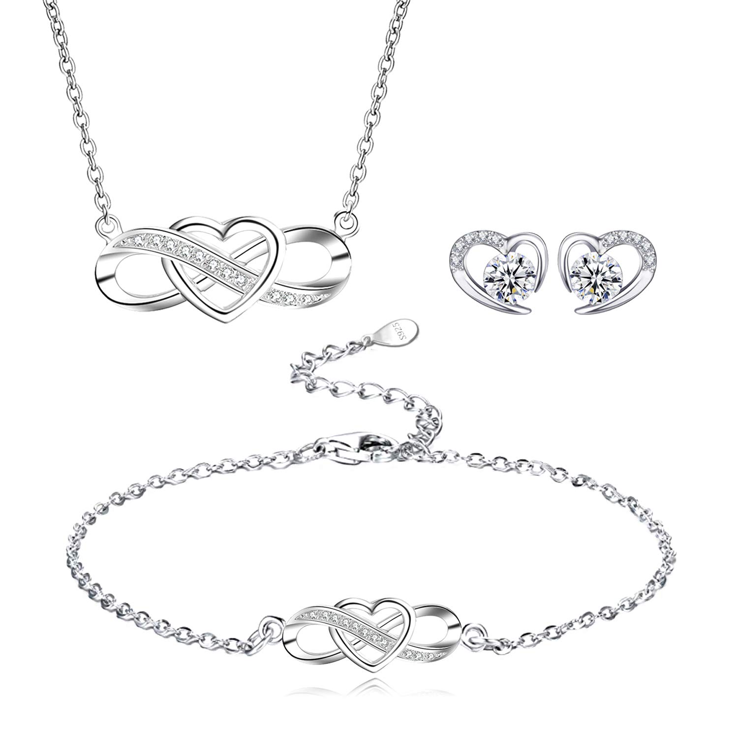 Juego de Joyas para Mujer, Collar y Pulsera Corazón Infinito, Pendientes Corazón con Cristales Austriacos, Plata de Ley 925, Un Regalo Para Una Mujer