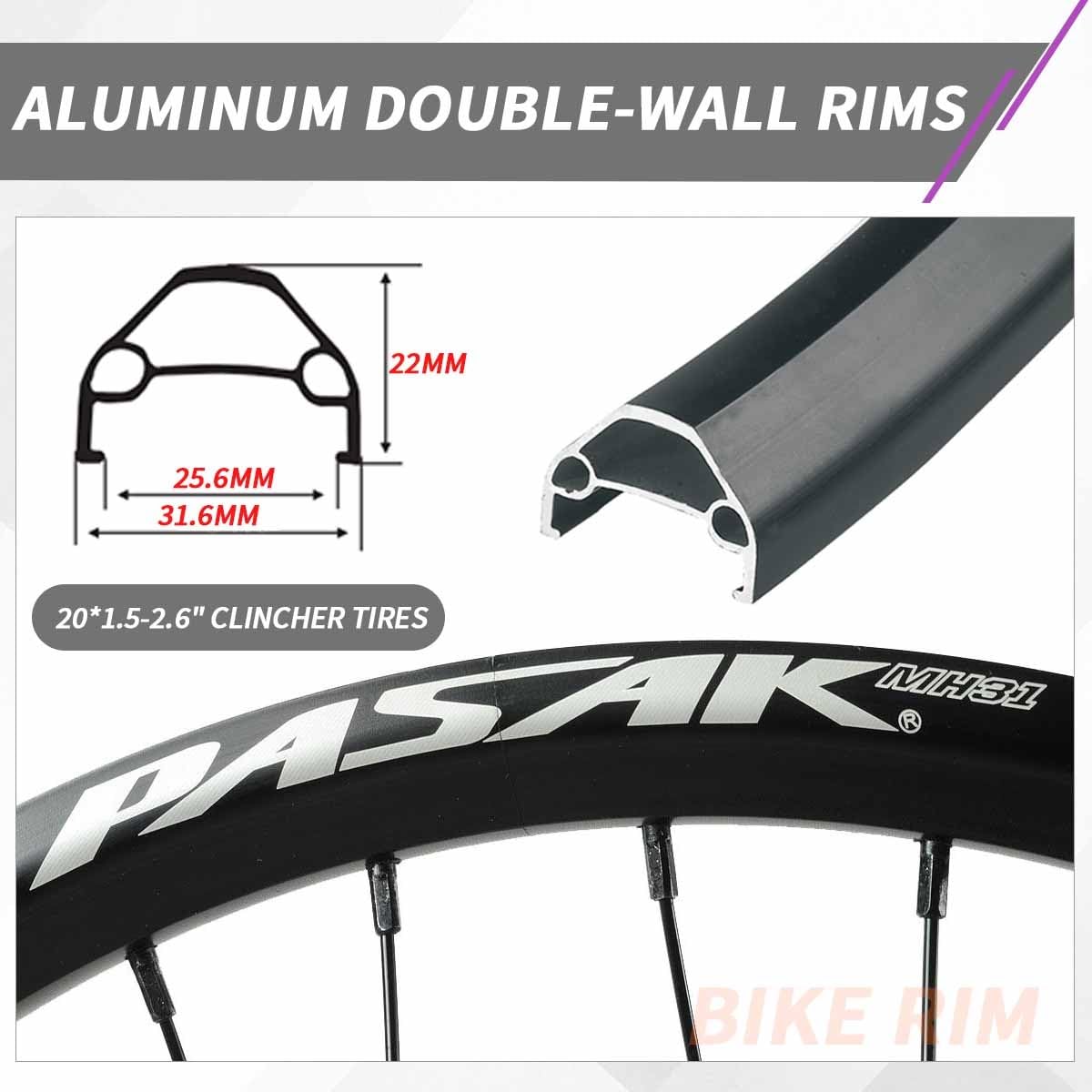Ruota Anteriore Per Bici Pieghevole 20" Freno A Disco 712g Ruote Con Perno Passante 100×12/15mm Cerchi A Doppia Parete 2 Cuscinetti Sigillati Pneumatici Da 1.5"-2.6"