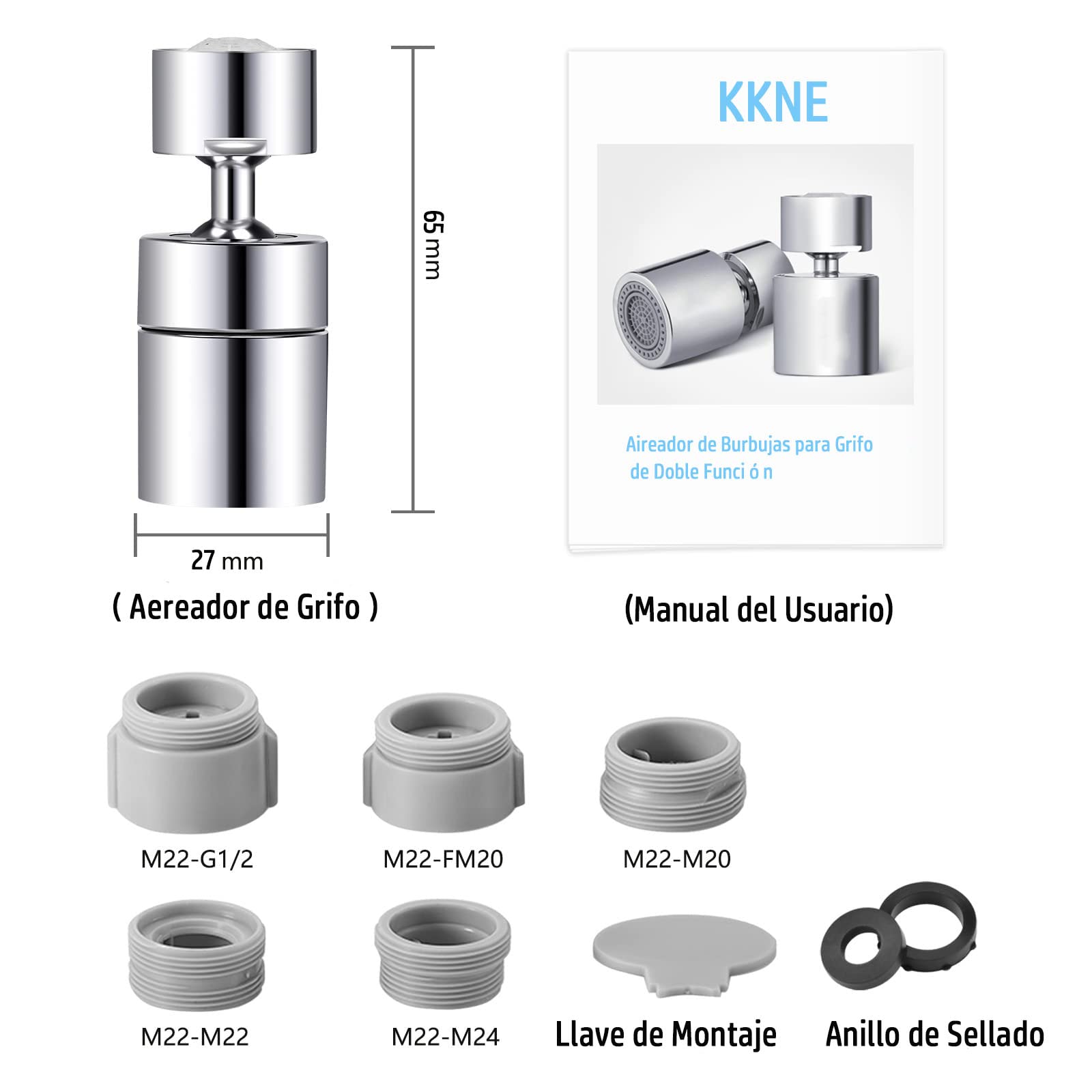720° Obrotowy Kran Napowietrzacz Kran Kuchenny Regulowany 2 tryby, Atomizer Kran, Adapter kran kuchenny do zlewozmywaków i łazienek, z 5 adapterem, gwint wewnętrzny 22 mm