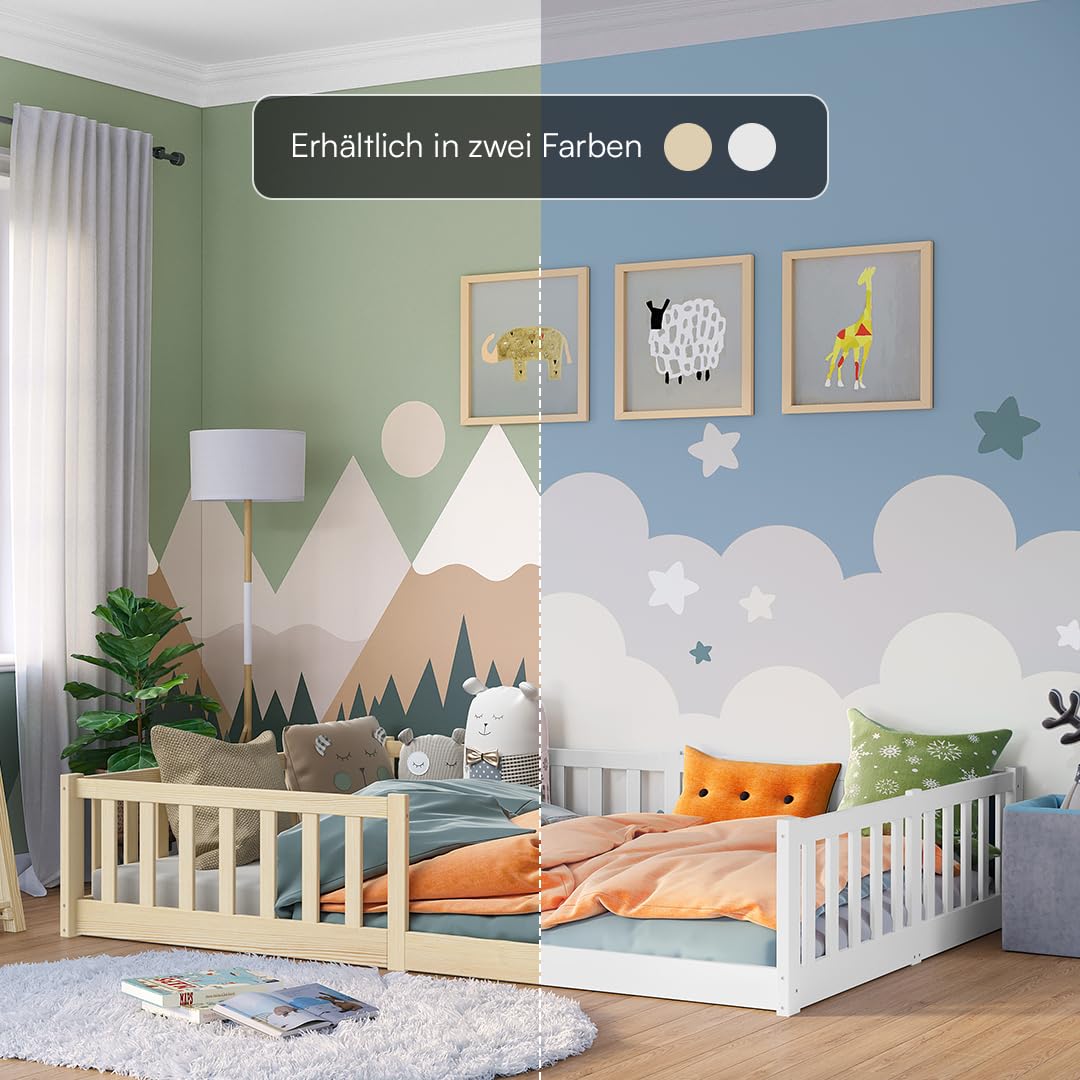 Bellabino Vere Bodenbett 140x200 cm – Montessori Kinderbett mit Rausfallschutz & Lattenrost – Massives Kiefernholz Bett Weiß