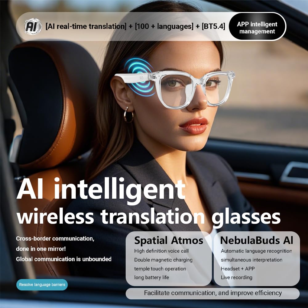 Piluyaa AI Translation Smart Glasses Bluetooth Audio Sunglasses for Men Women with Real Time Language Translator, Open Ear Music &HD Calling, Touch &Voice Assistant, UV Protection——Transparent