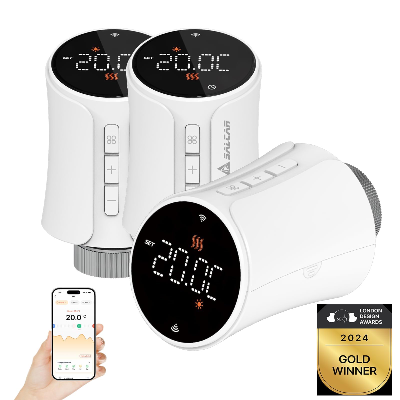 SALCAR Termostato intelligente per termosifoni, TRV706W, set da 3 pezzi, termostato WiFi, compatibile con Amazon Alexa e Google Home, programmabile Tuya, termostato intelligente con 9 batterie